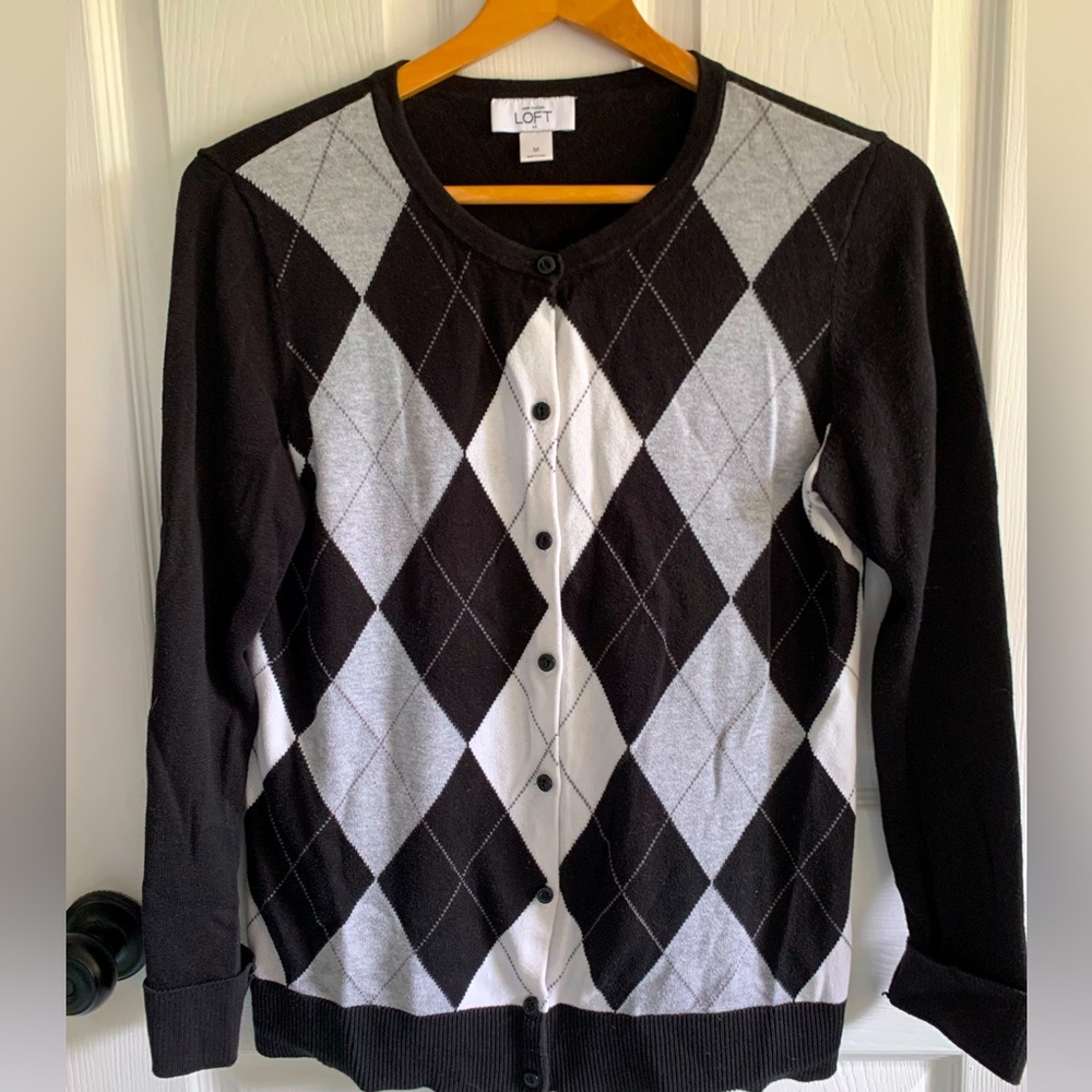 Ann Taylor LOFT black argyle, cardigan, size medium